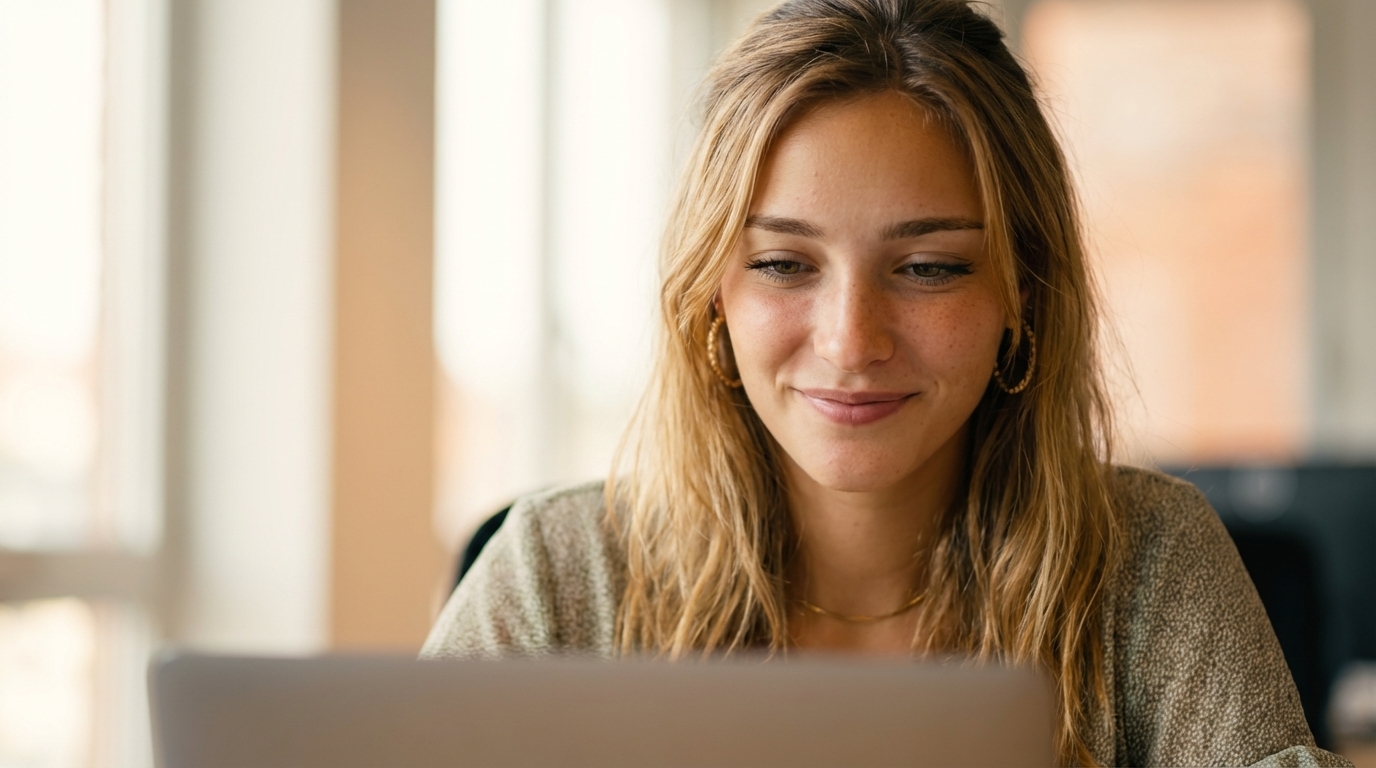 Jonge professional die geconcentreerd achter haar laptop werkt